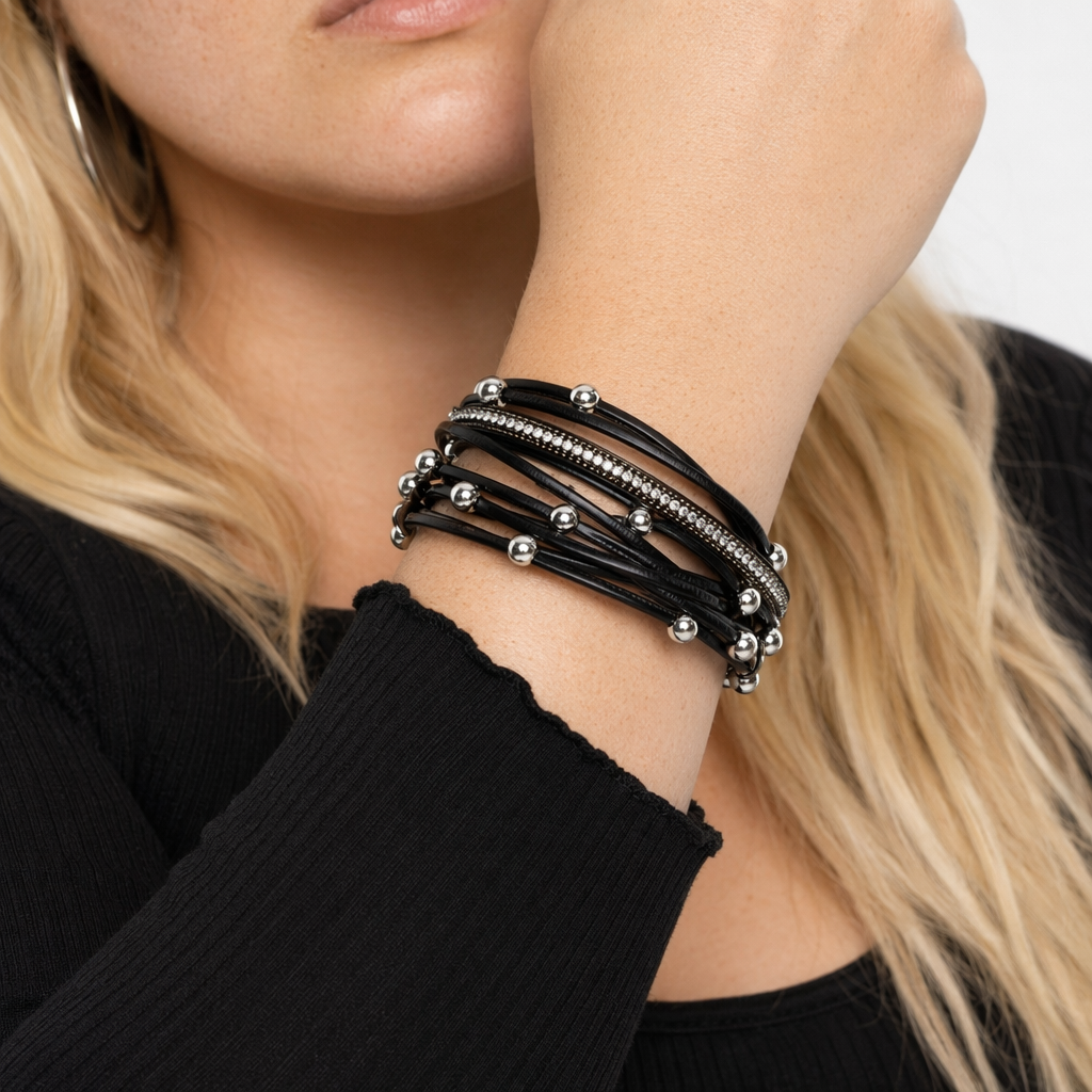 Silver Black Beaded Rope Bracelet Black