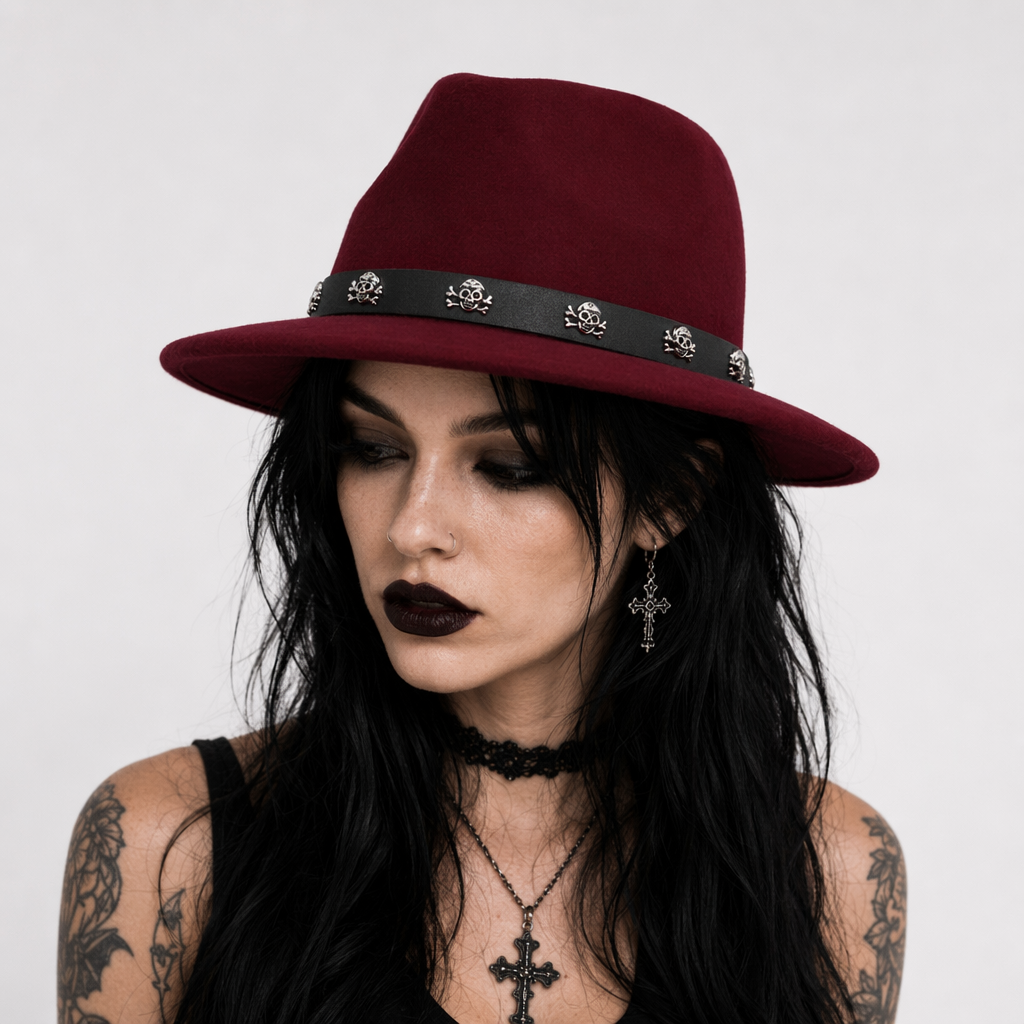 Skull Fedora in Multiple Colors Burgundy
