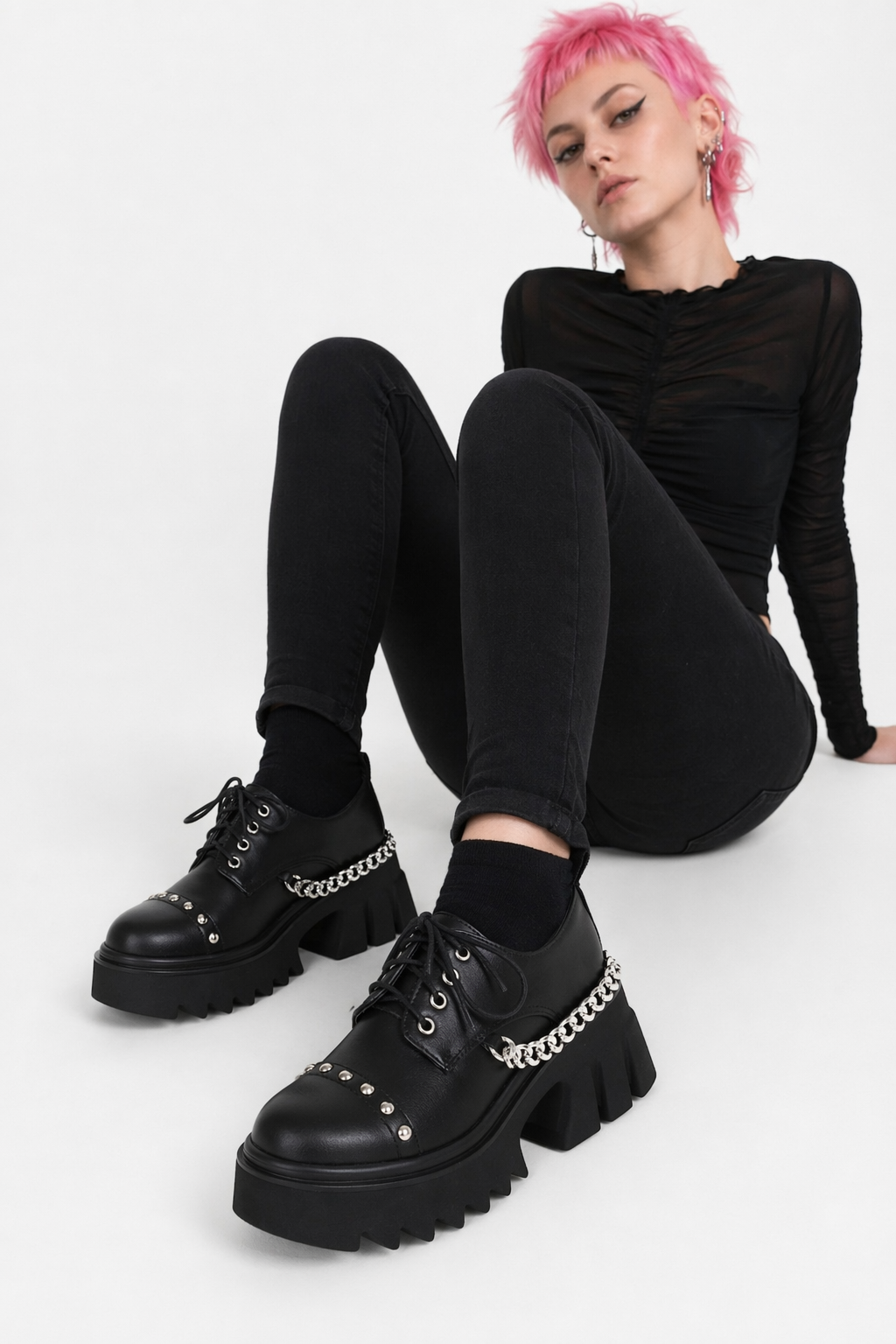 Gothic Chain-Studded Black Shoes. Matte effect