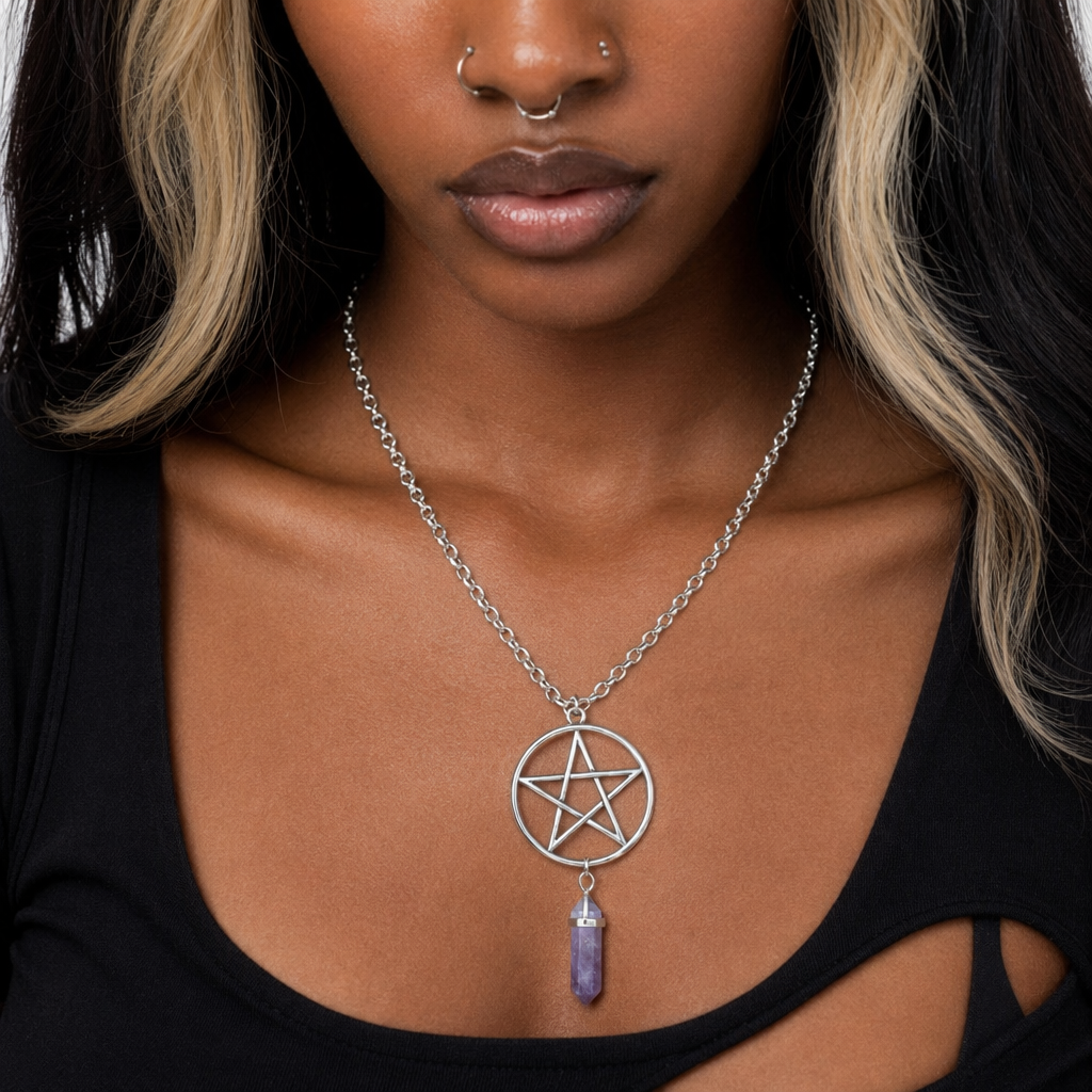 Gemstone Pentagram Necklace Silver Plated