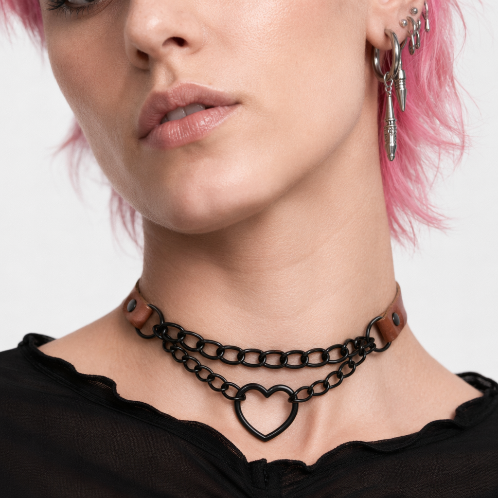 Black Goth Heart Choker - 16 Colors Brown
