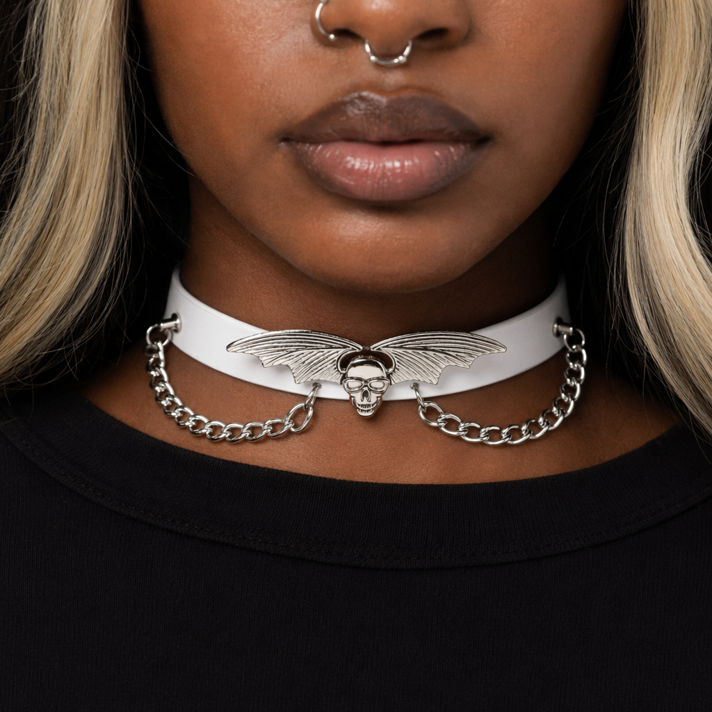 "Skull Bat Choker: Multi-Colored Option" White