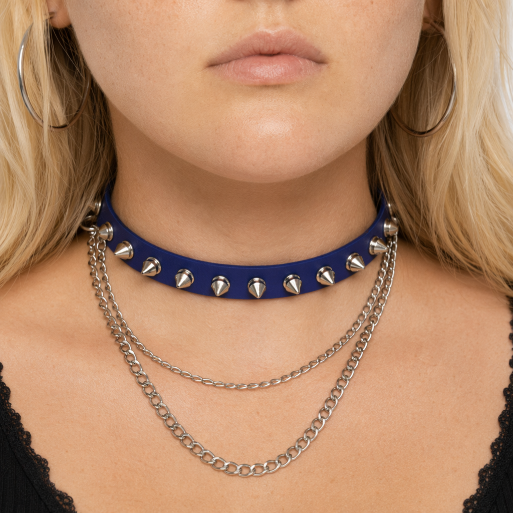 Studded Chain Leather Choker Blue