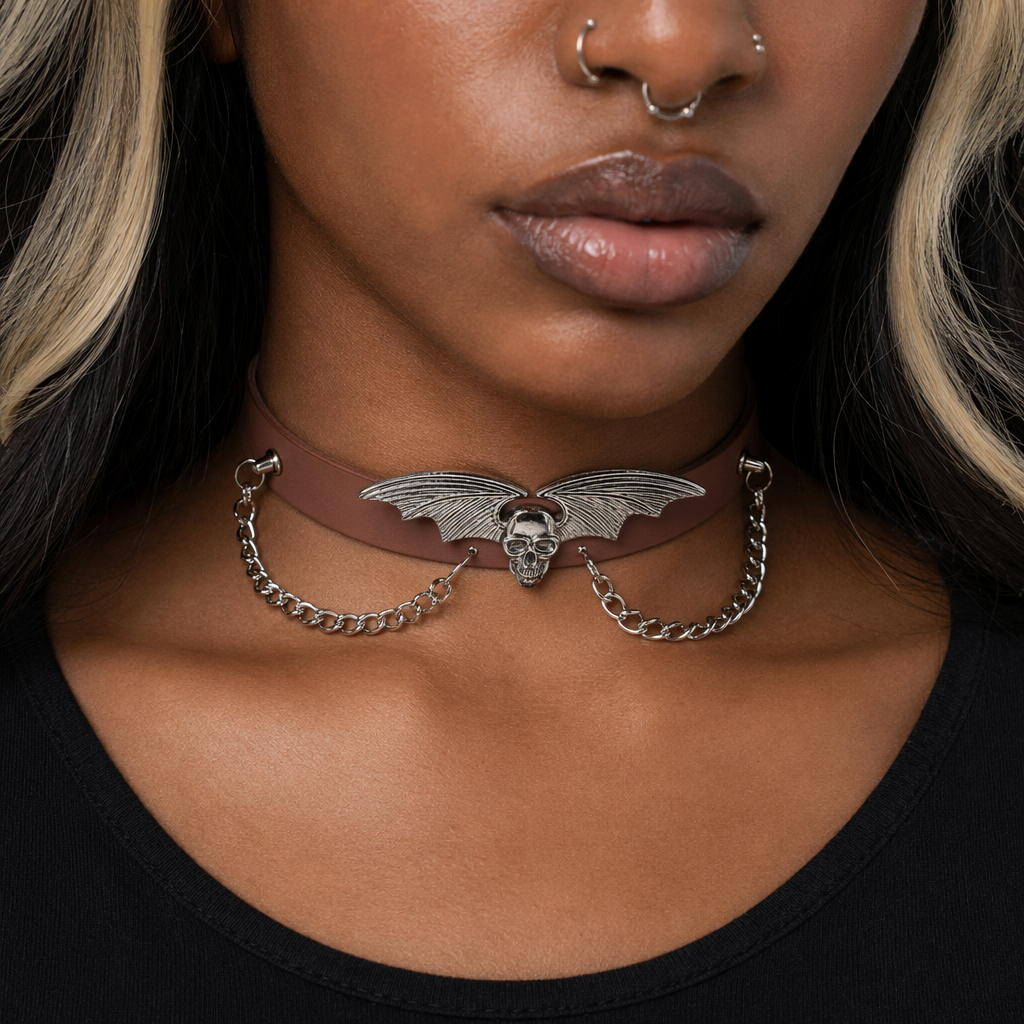 "Skull Bat Choker: Multi-Colored Option" Brown