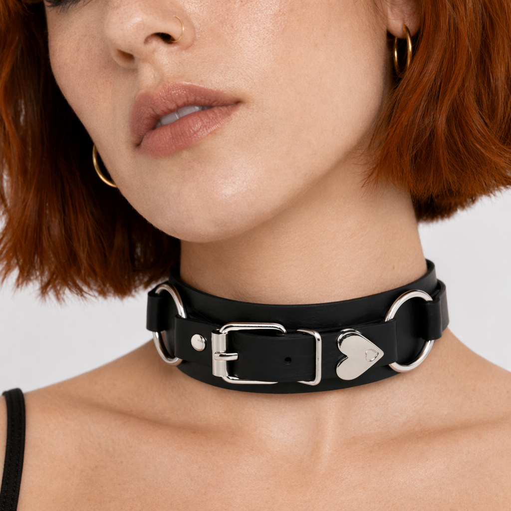 "Heart Buckle Choker: Black/Blue PU" black