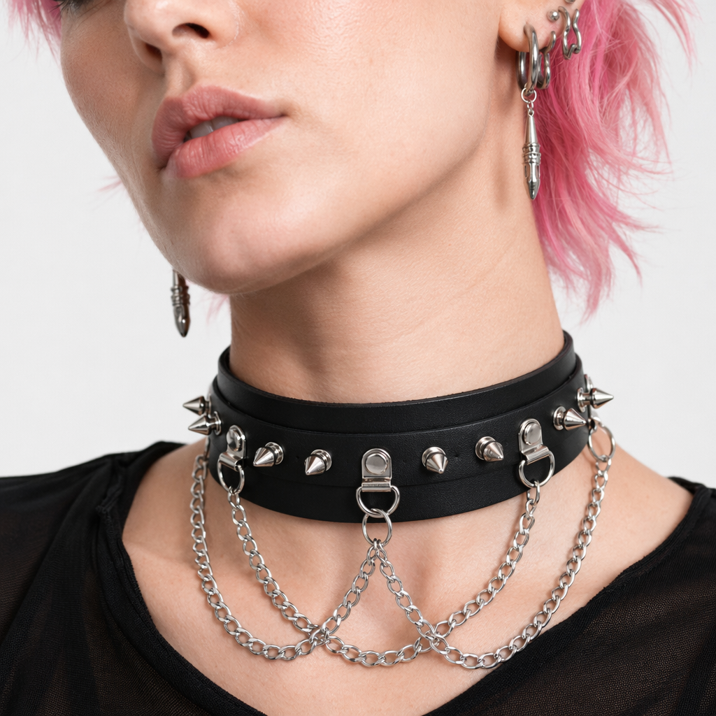 Leather stud choker with chains. Default Title
