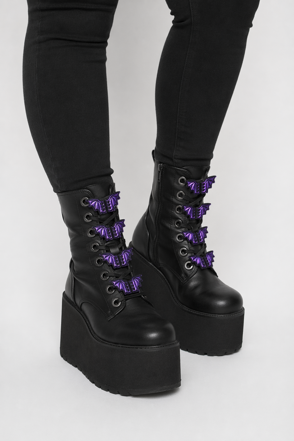 Black Bat Shoe Lace Pair Purple small bats