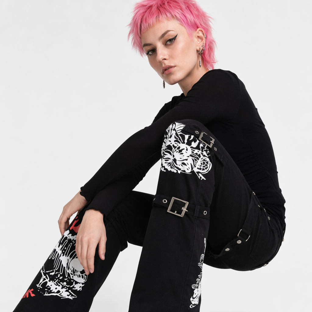 "Black Baggy Buckle Cargo Pants" Black