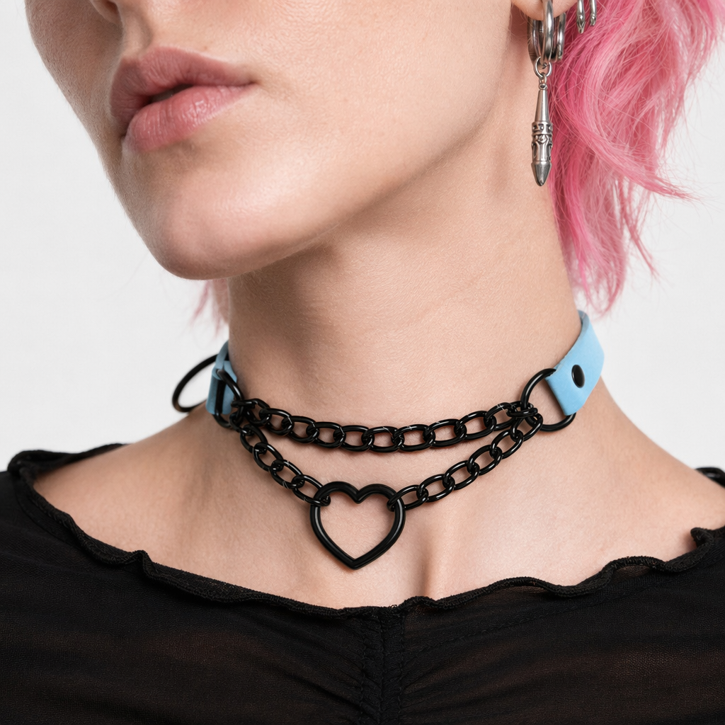 Black Goth Heart Choker - 16 Colors Sky Blue