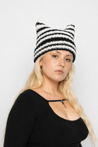 Devilish Striped Harajuku Cat Beanie Black white striped