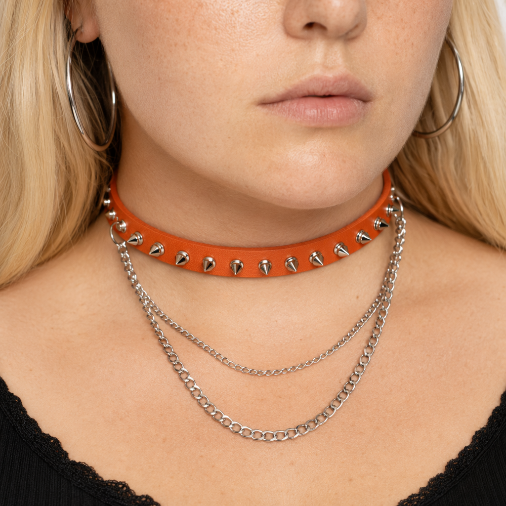 Studded Chain Leather Choker Orange