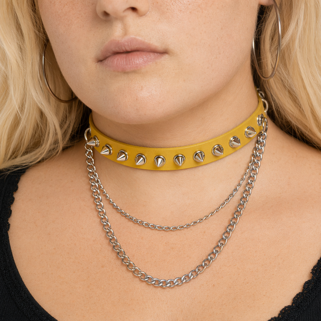 Studded Chain Leather Choker Yellow