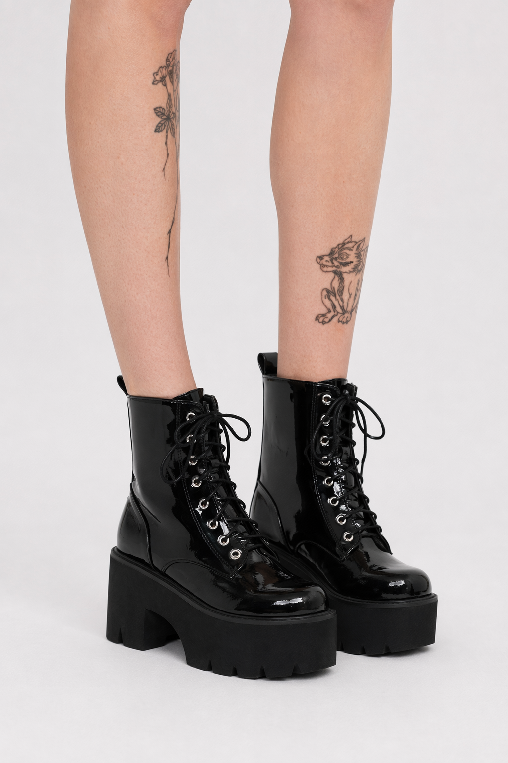 "Patent Platform Lace-up Boots" black shoes