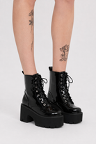 "Patent Platform Lace-up Boots" black shoes