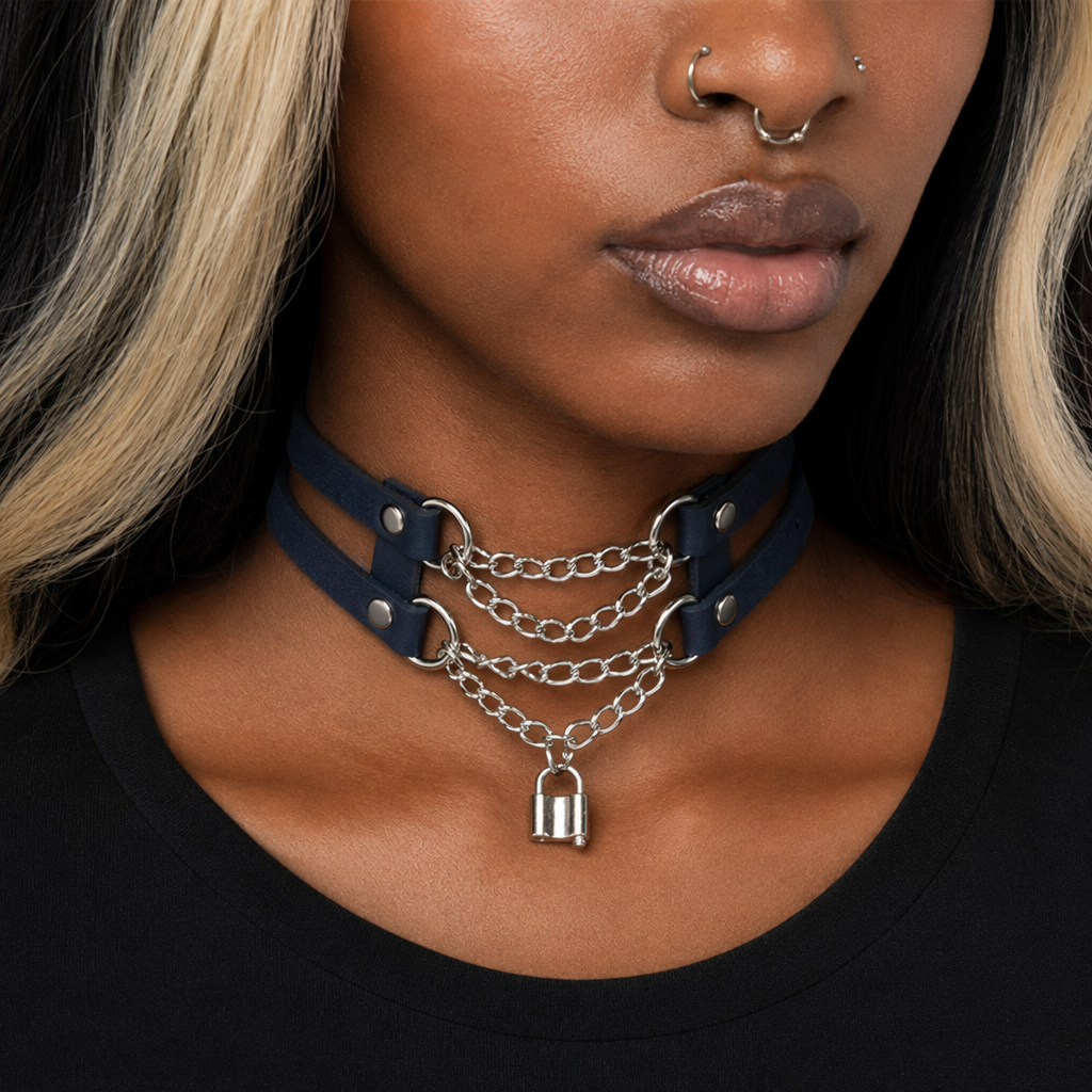 Leather Chain Choker navy