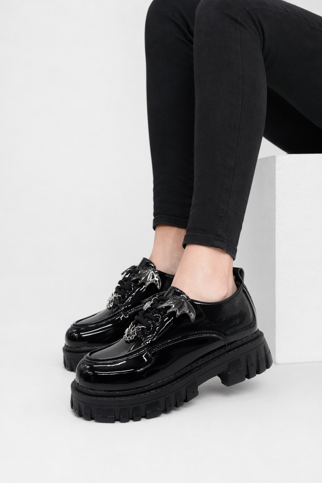 Goth Bat Wings Black Shoes Glossy Black