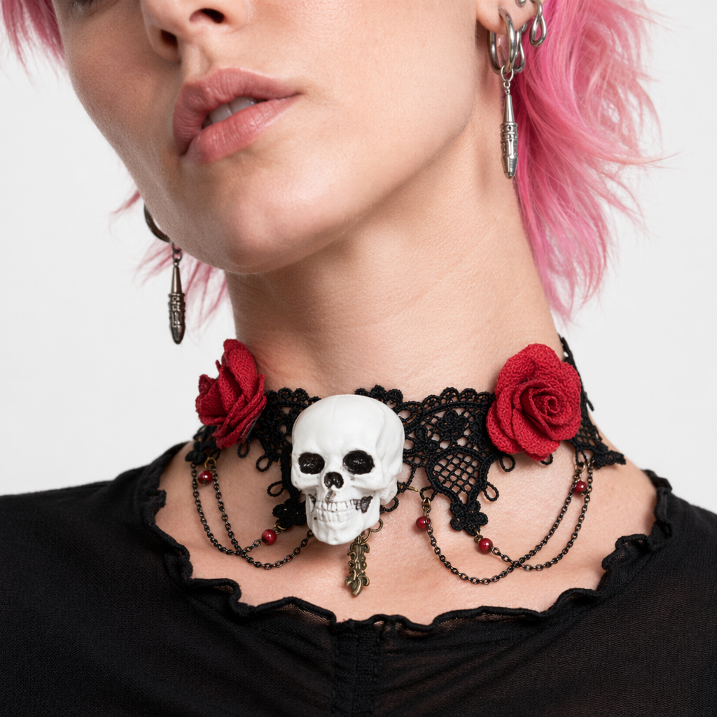 Lace Choker with Skull Rose Default