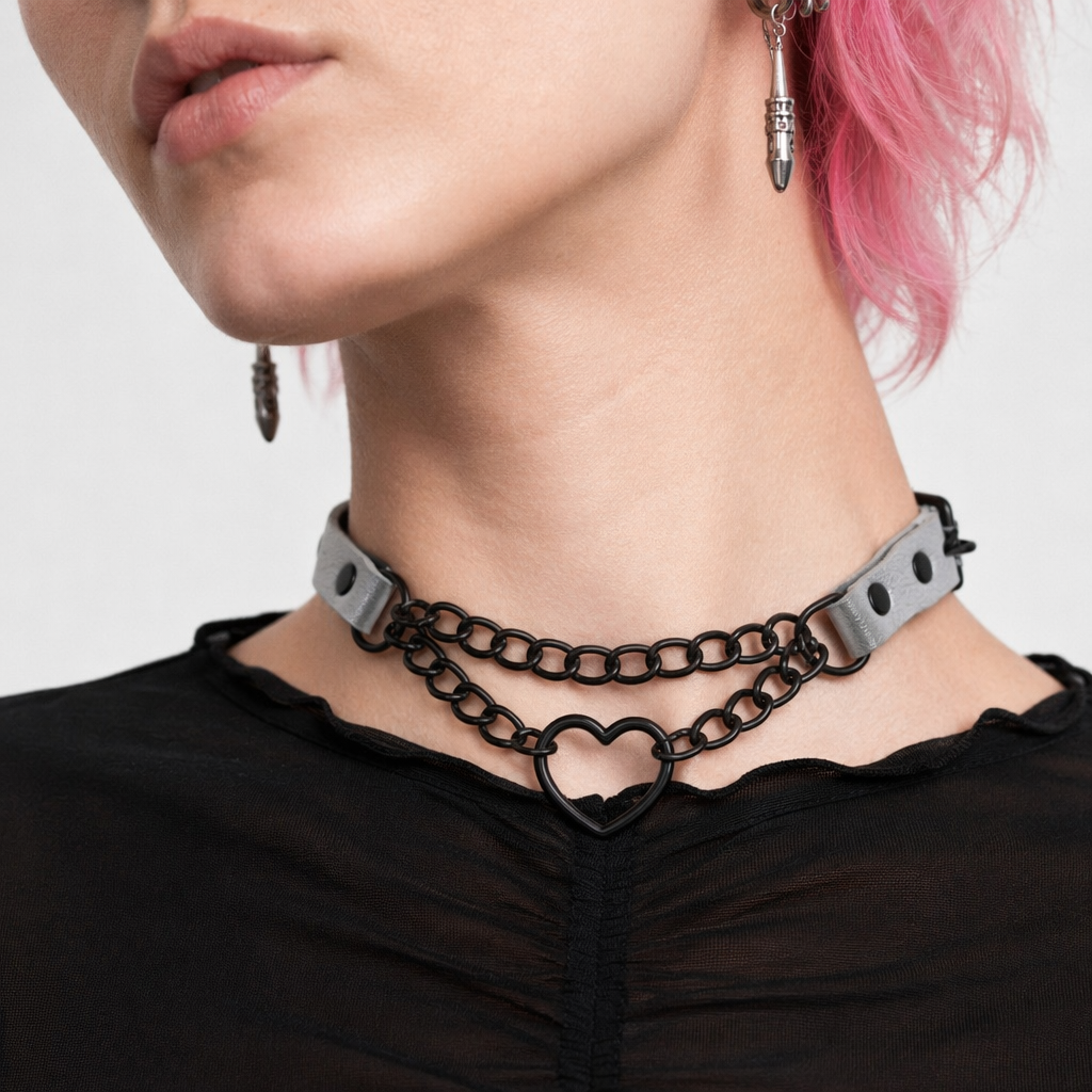 Black Goth Heart Choker - 16 Colors Gray