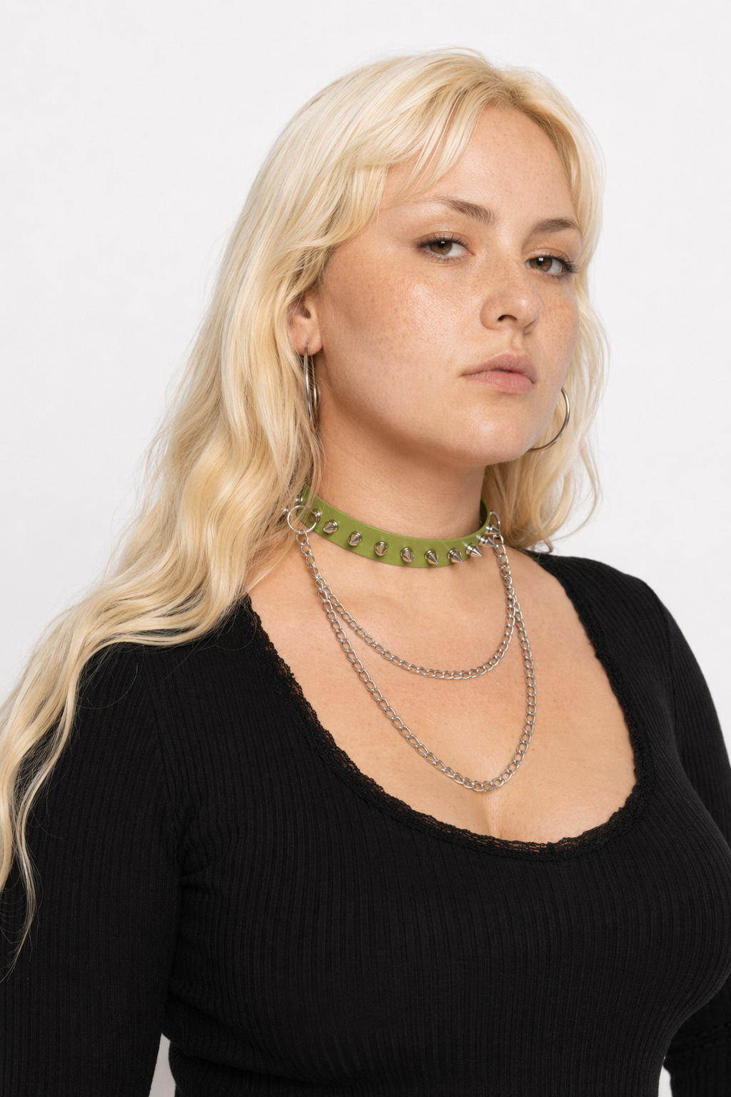 Studded Chain Leather Choker Green