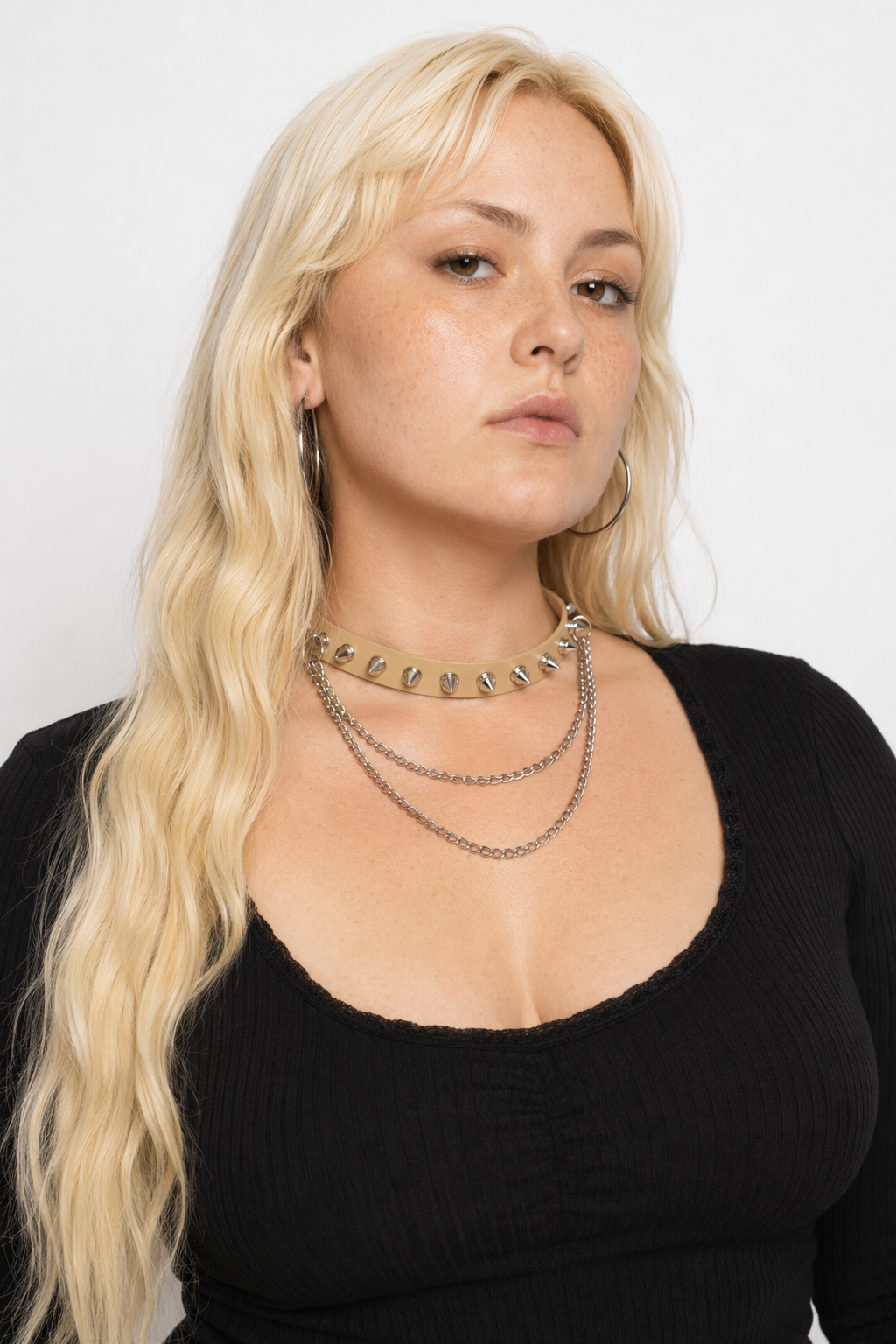 Studded Chain Leather Choker Nude