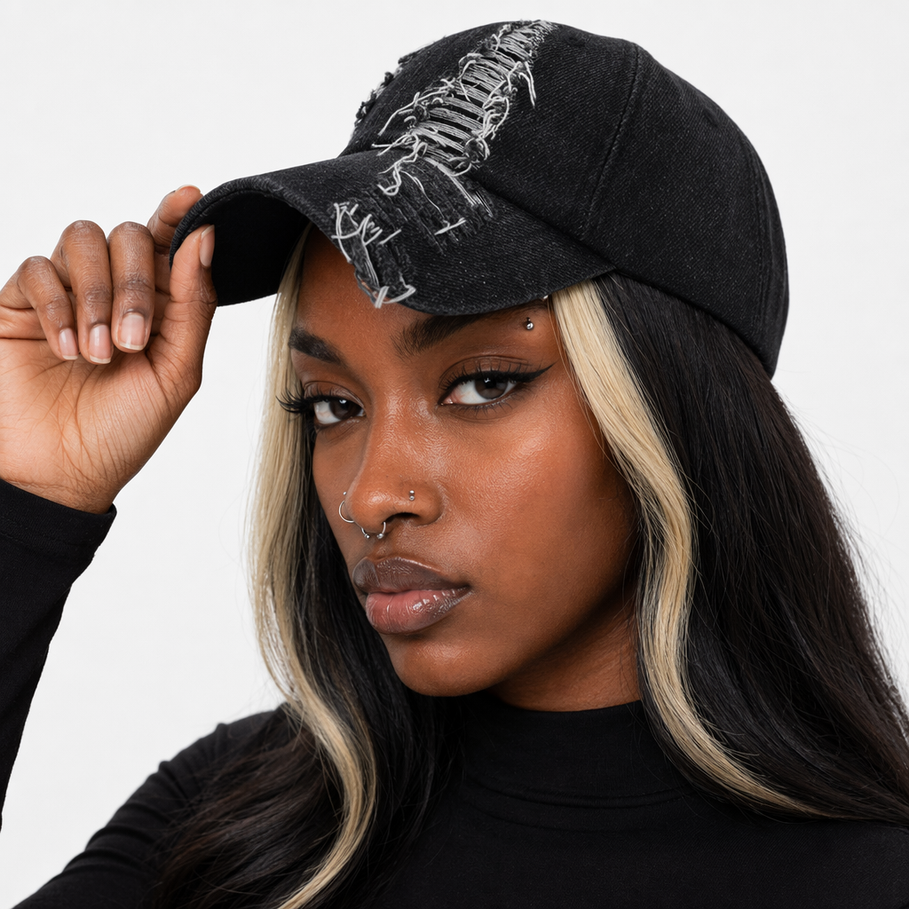 "Ripped Embroidered Black Cap" Default Title
