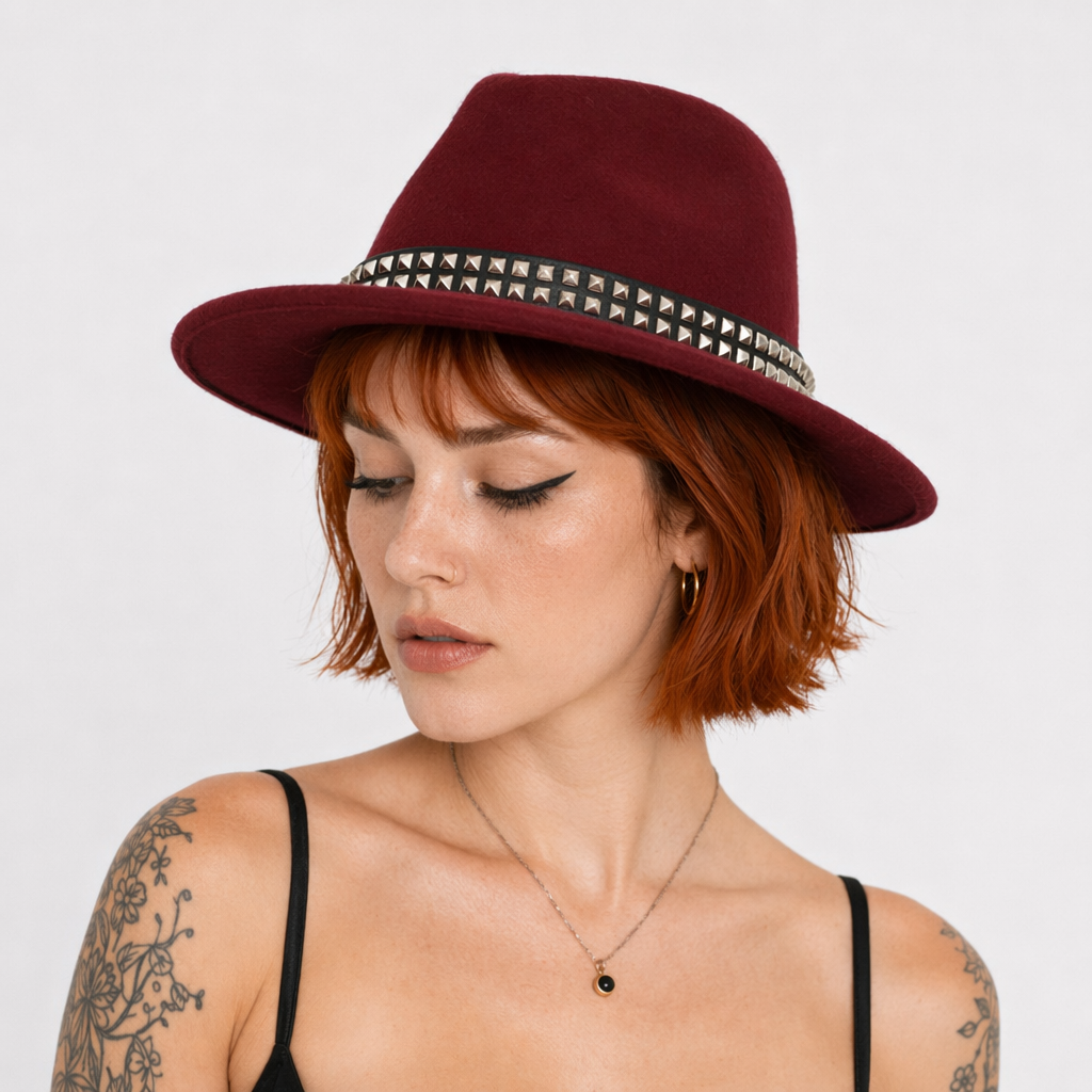 "Black Stud Fedora Hat" Wine red