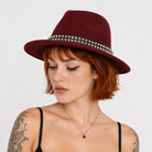"Black Stud Fedora Hat" Wine red