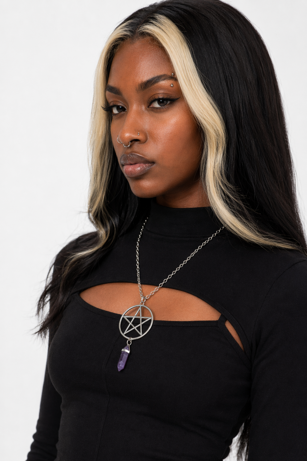 Gemstone Pentagram Necklace Silver Plated