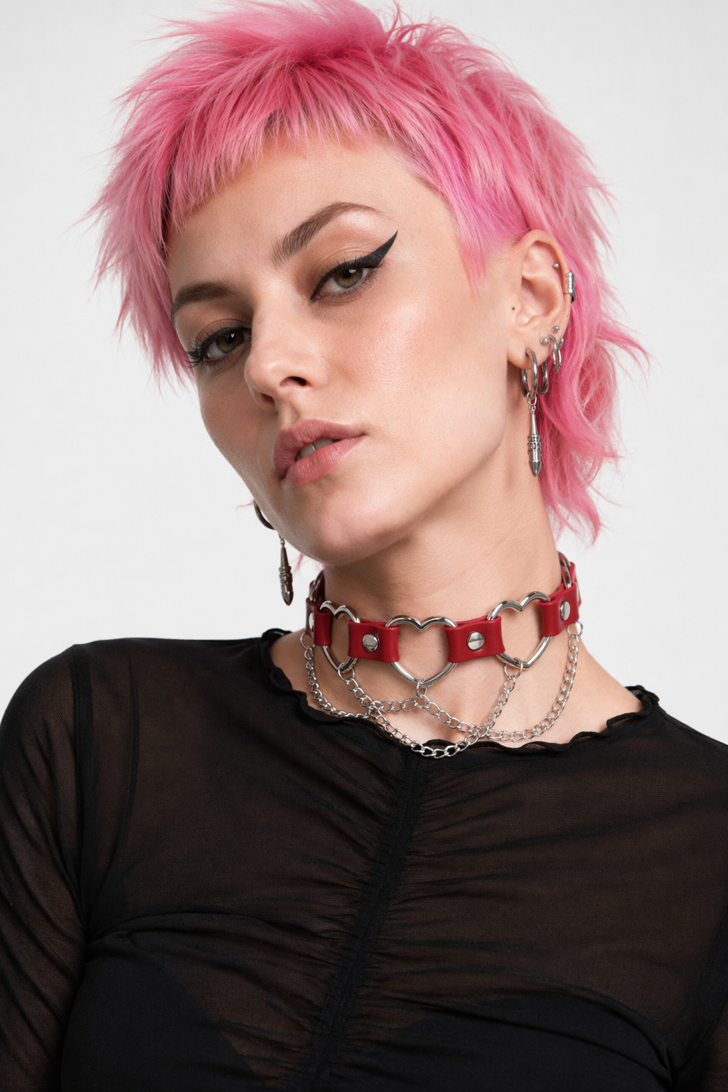 Faux Leather Heart Chain Choker' red