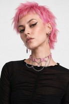 Faux Leather Heart Chain Choker' pink