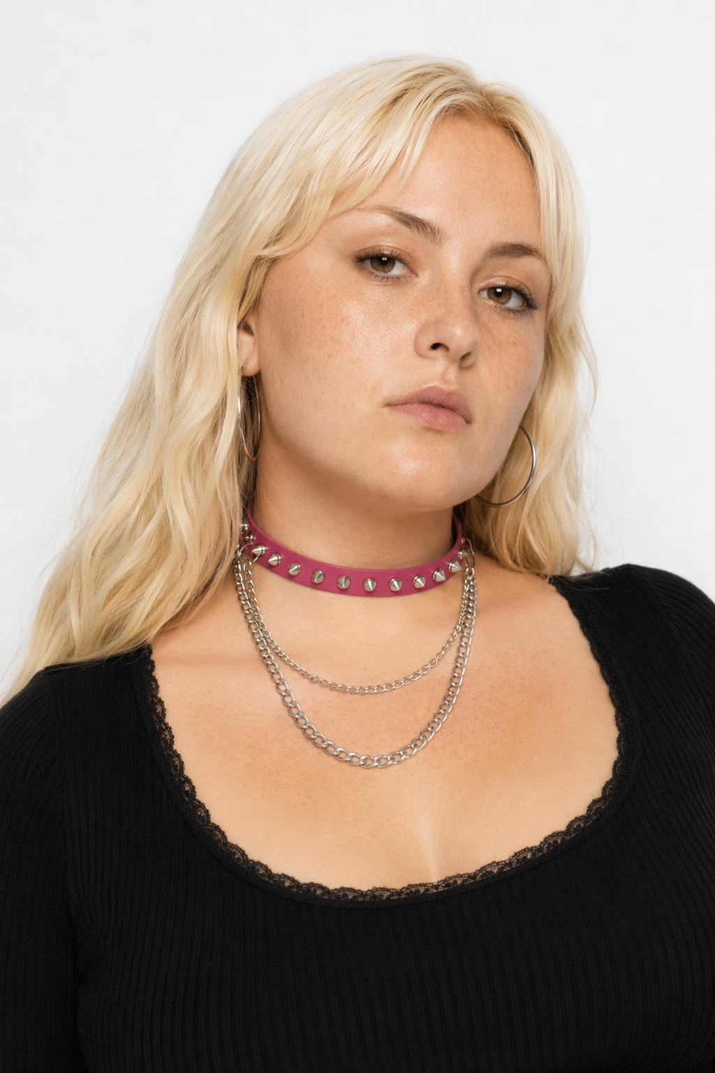 Studded Chain Leather Choker Rose