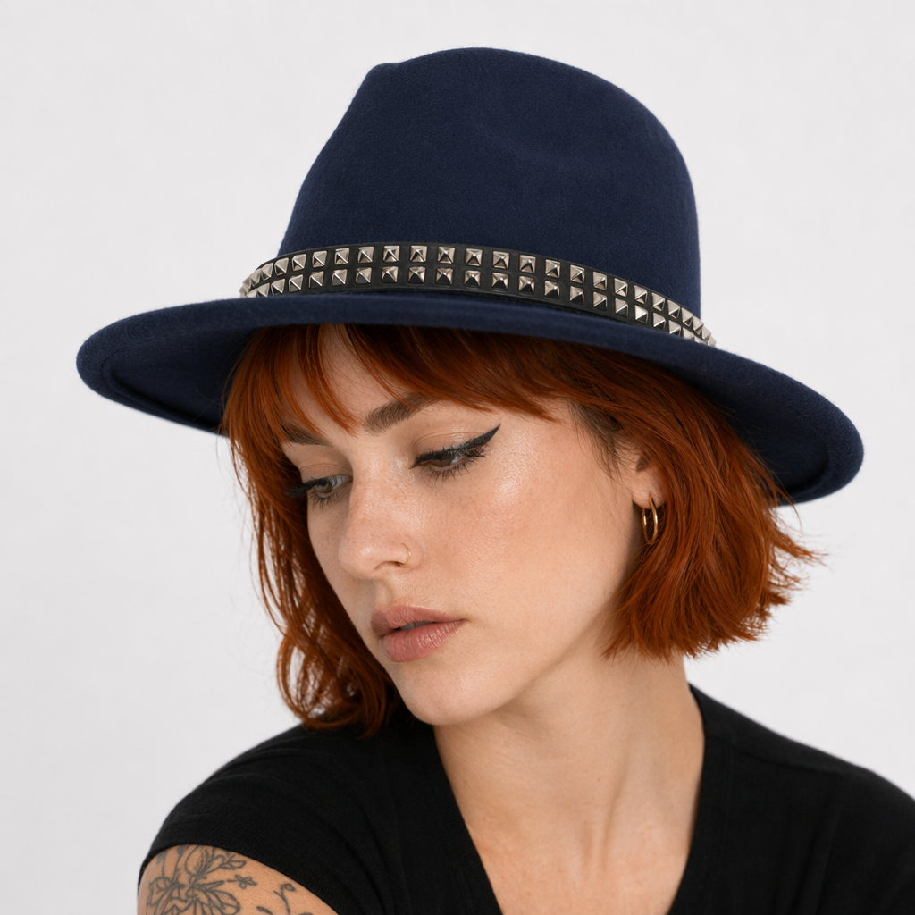 "Black Stud Fedora Hat" Dark Blue