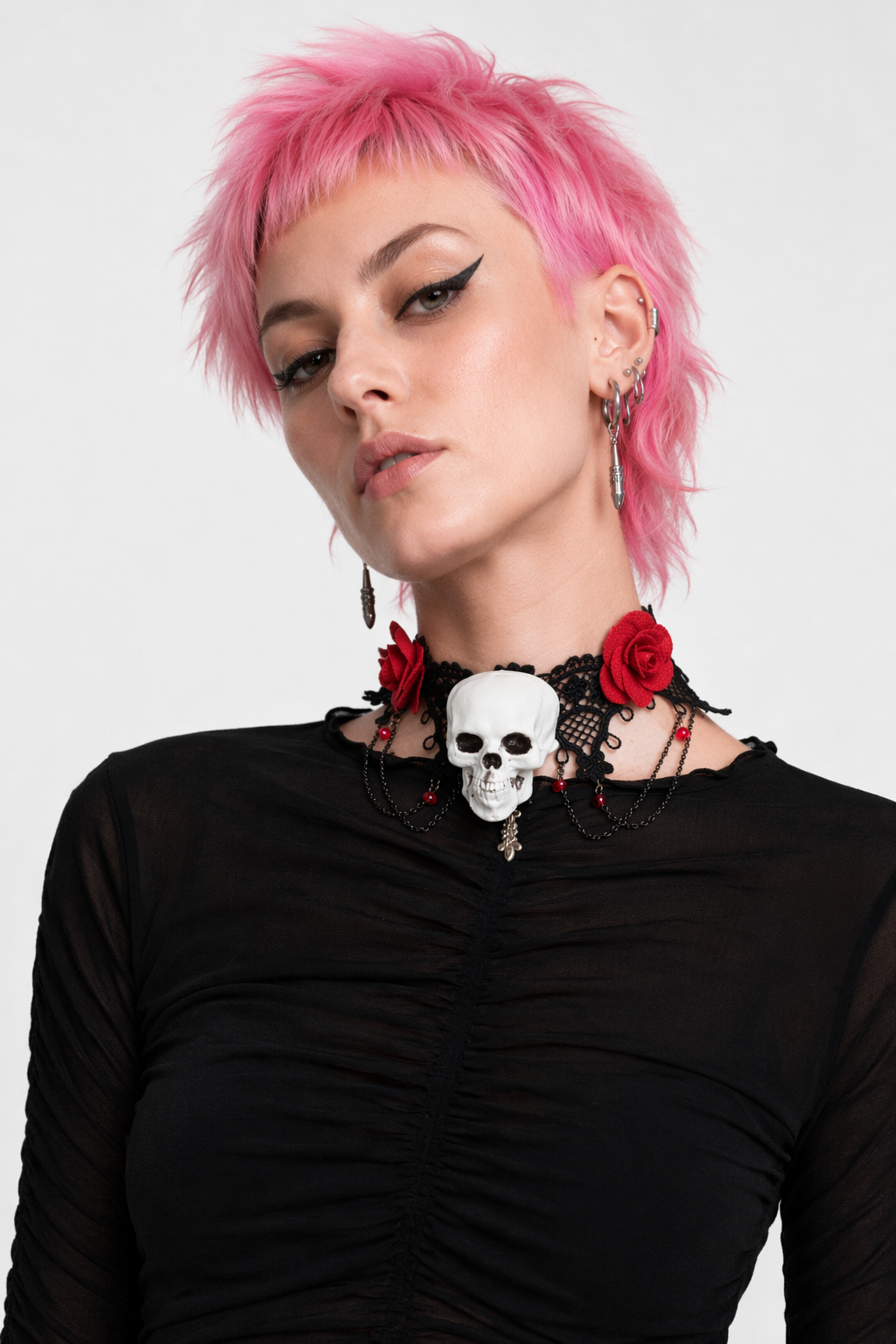 Lace Choker with Skull Rose Default