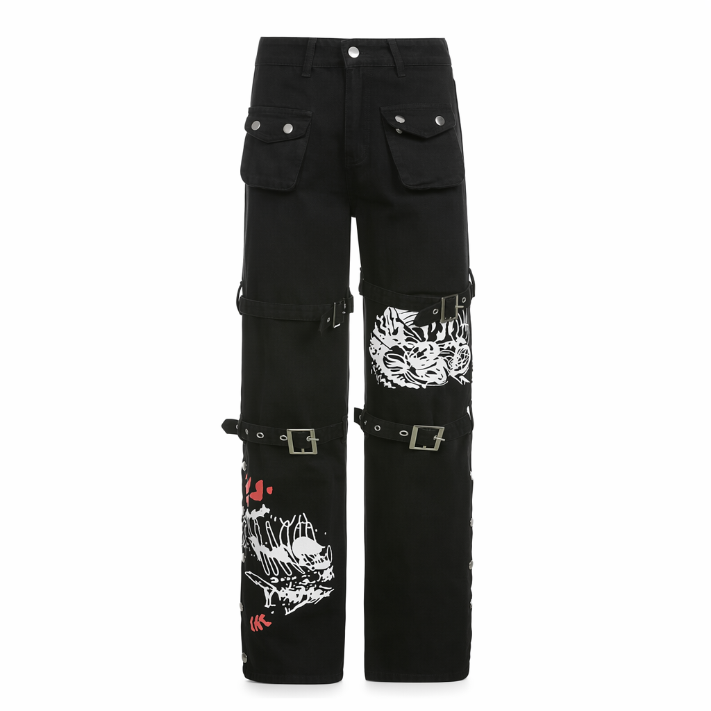 "Black Baggy Buckle Cargo Pants" Black