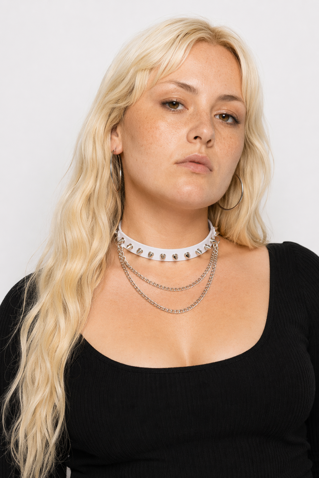 Studded Chain Leather Choker White