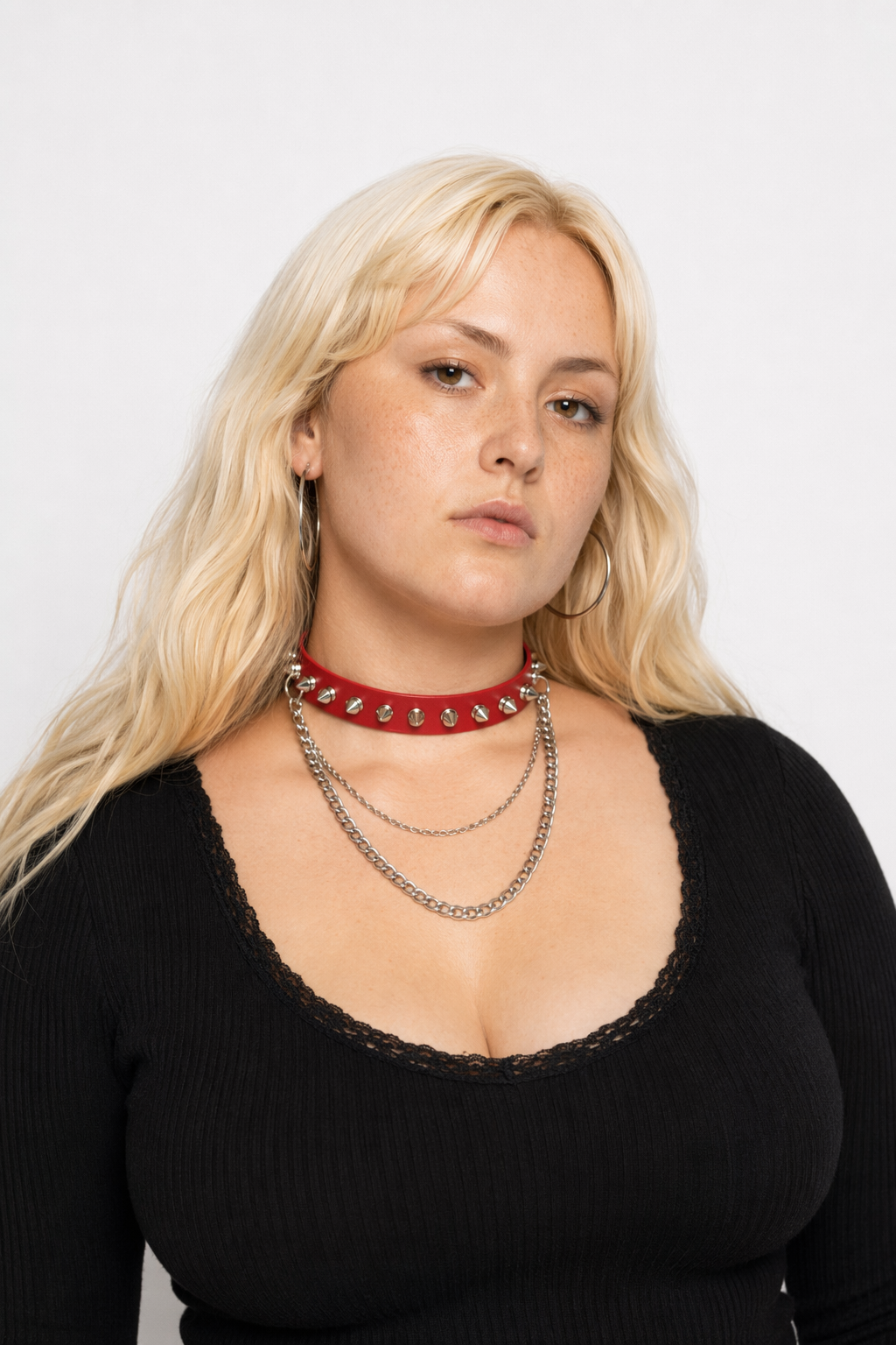 Studded Chain Leather Choker Red
