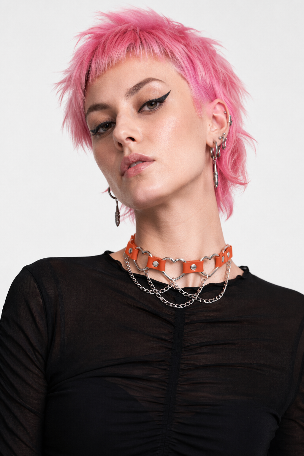 Faux Leather Heart Chain Choker' orange