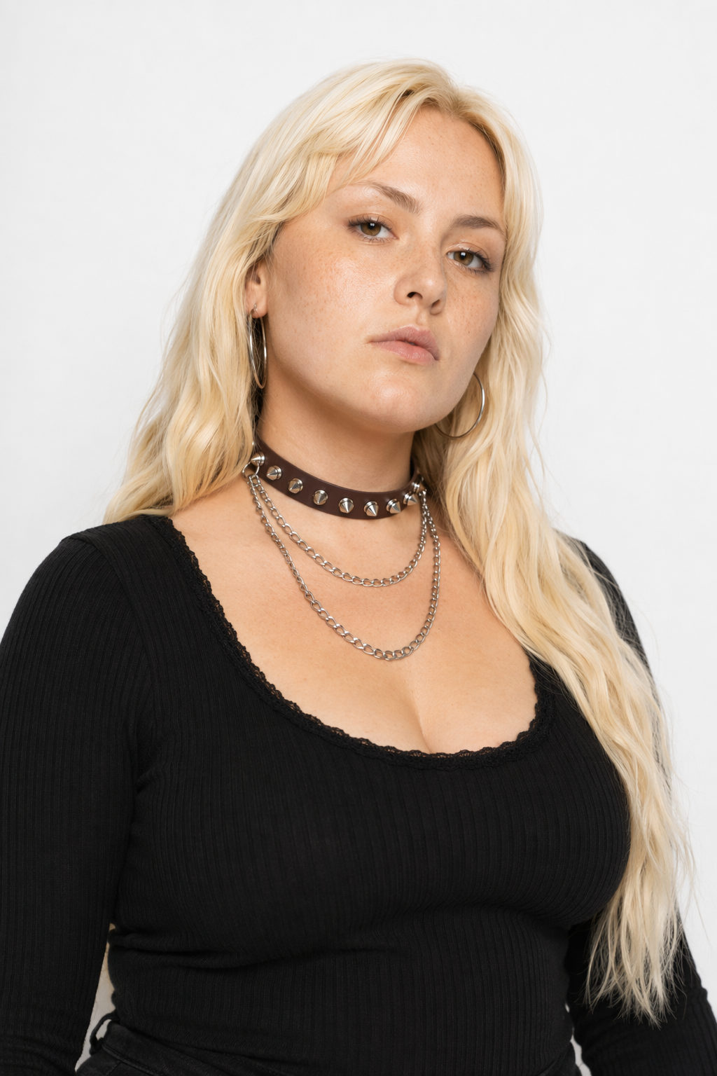 Studded Chain Leather Choker Coffee