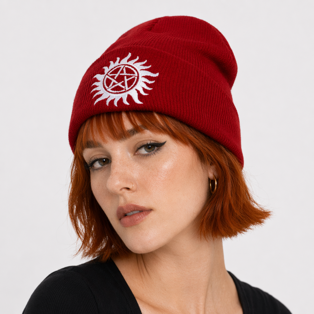 Black/Red Flame Pentagram Beanie Red