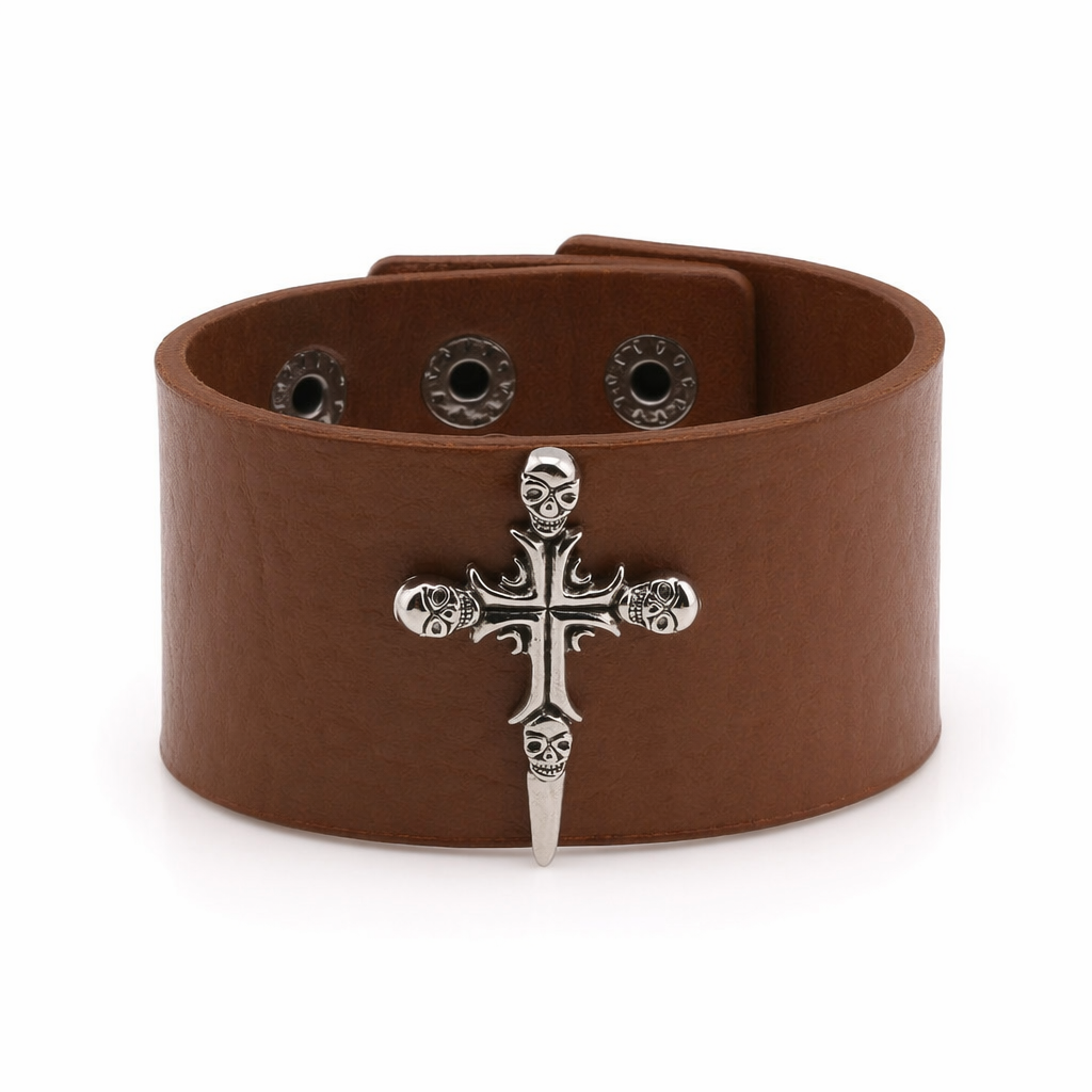 Skull Leather Cross Bracelet. Coffee