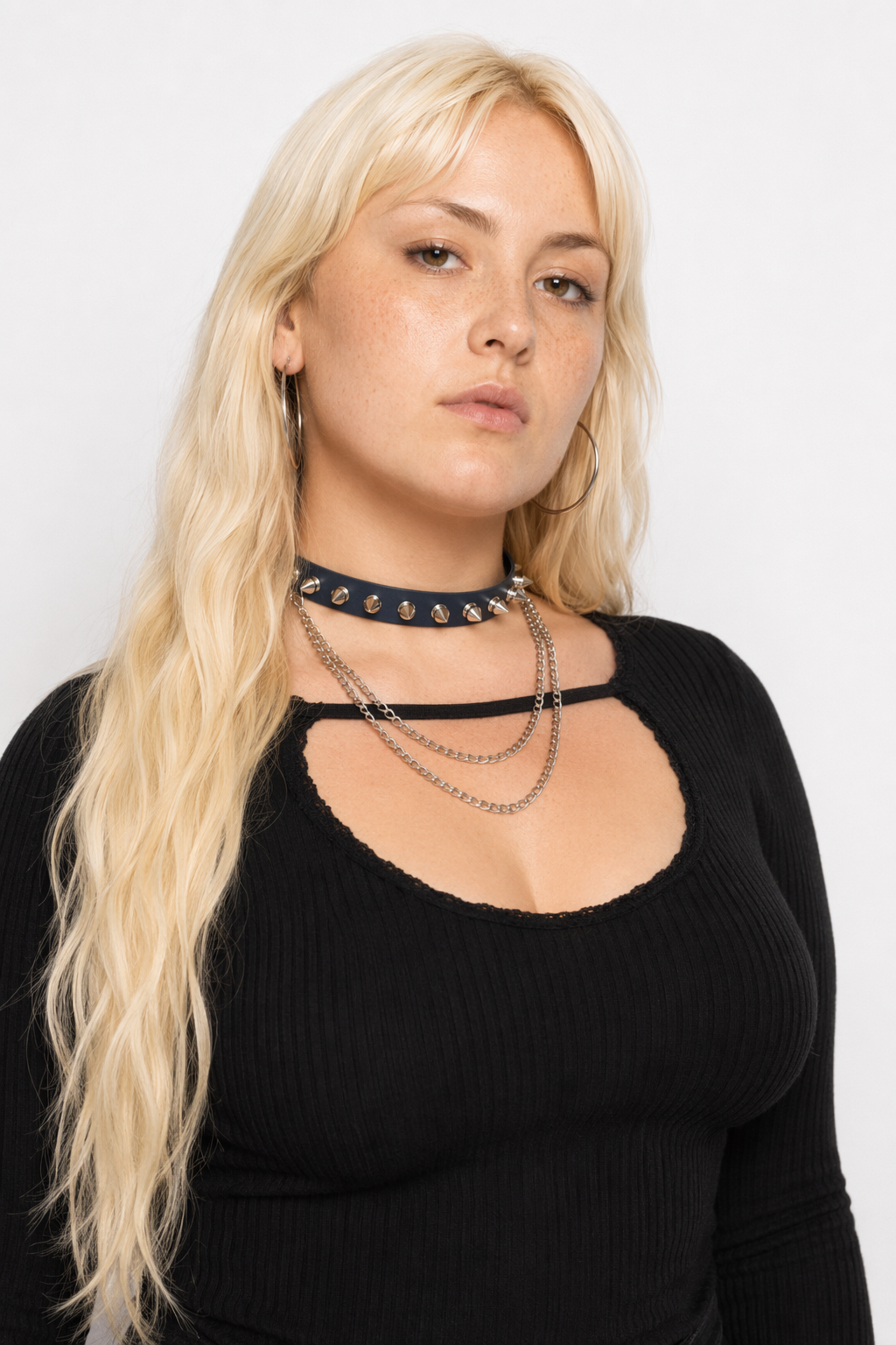 Studded Chain Leather Choker Dark Blue