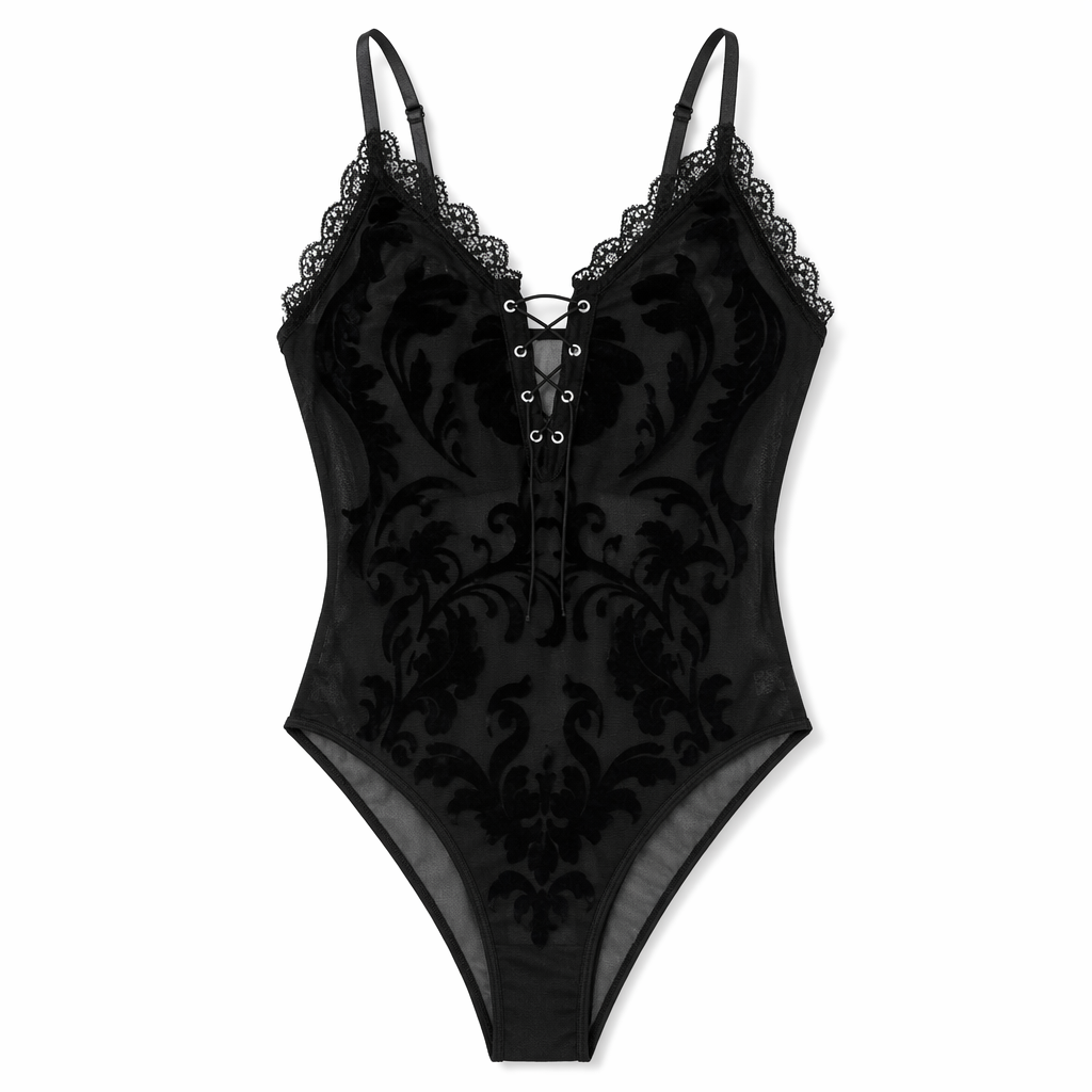 Sheer black mesh gothic bodysuit with damask velvet pattern and lace-up front