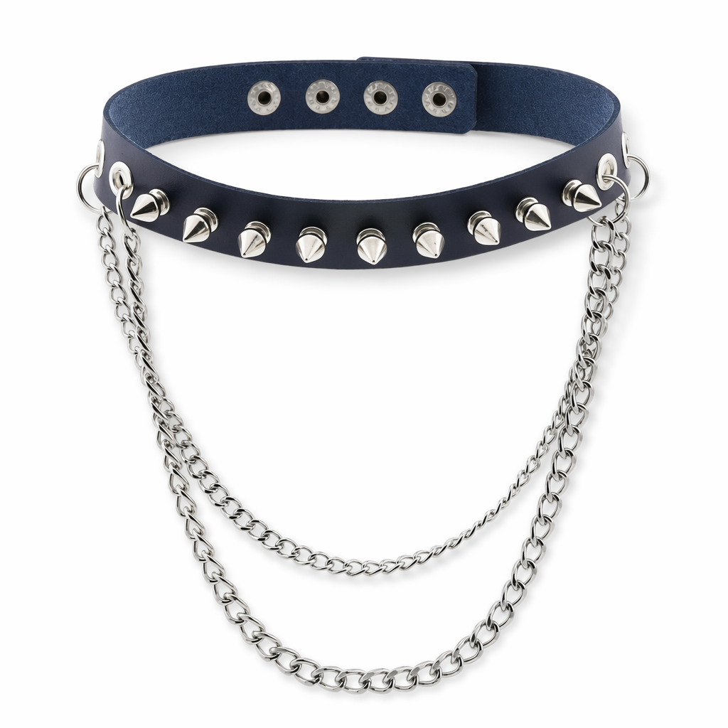 Studded Chain Leather Choker Dark Blue
