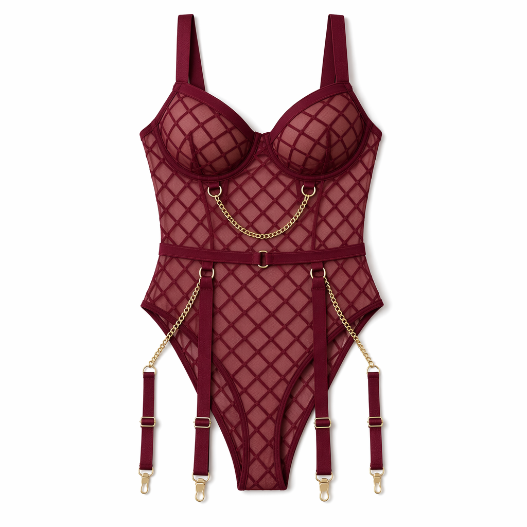 Black Plaid Mesh Bodysuit Burgundy