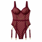 Black Plaid Mesh Bodysuit Burgundy