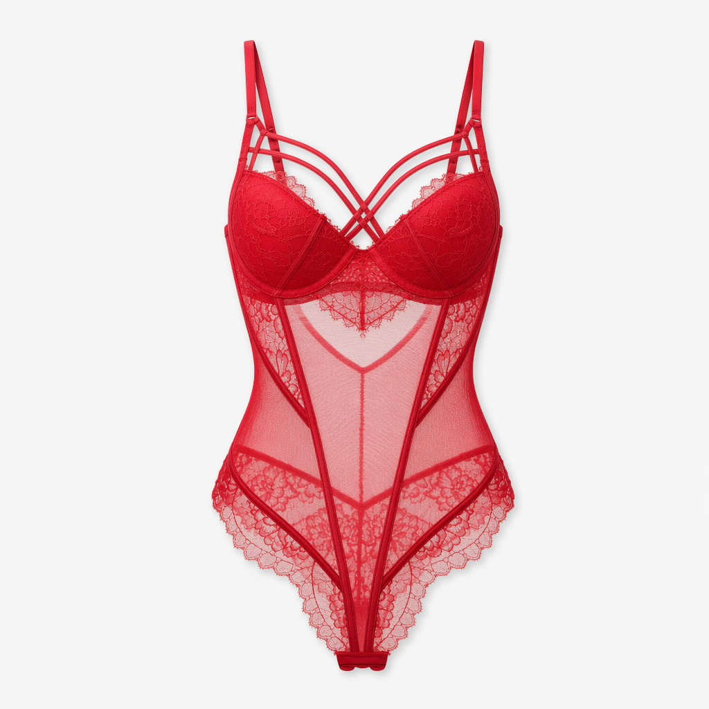 Padded Lace Strap Bodysuit Red