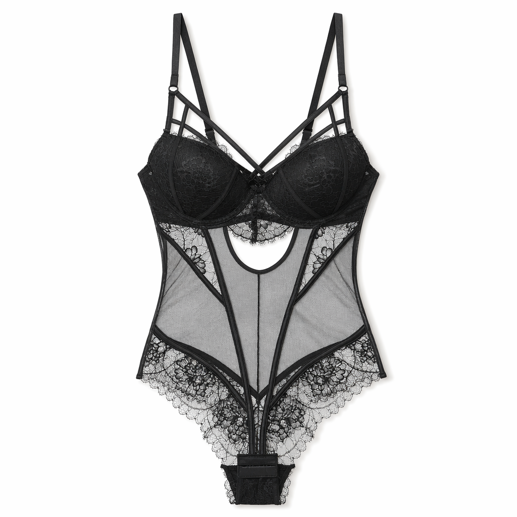 Padded Lace Strap Bodysuit Black