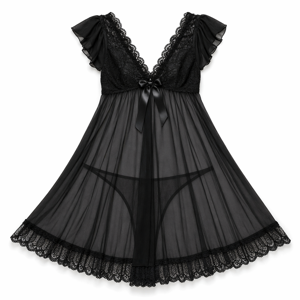 Lace Mesh Transparent Dress Black