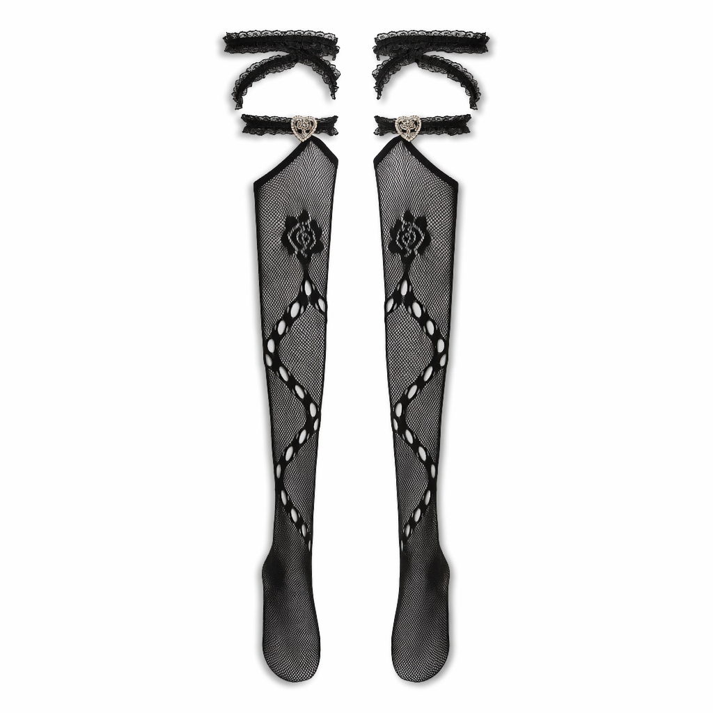 Black Fishnet Heart Stockings One Size