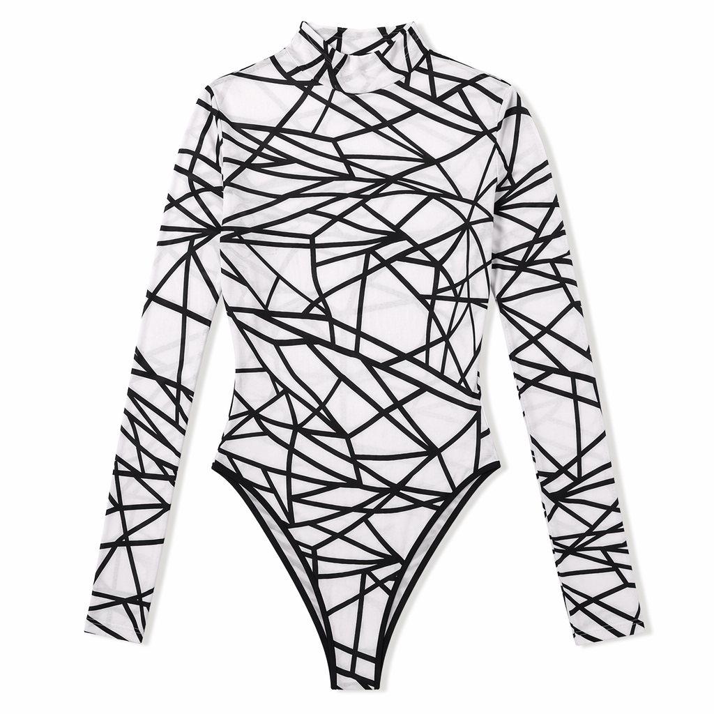 "Black Geometric Bodysuit" White
